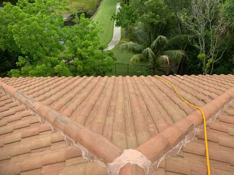 Roof cleaning in process
